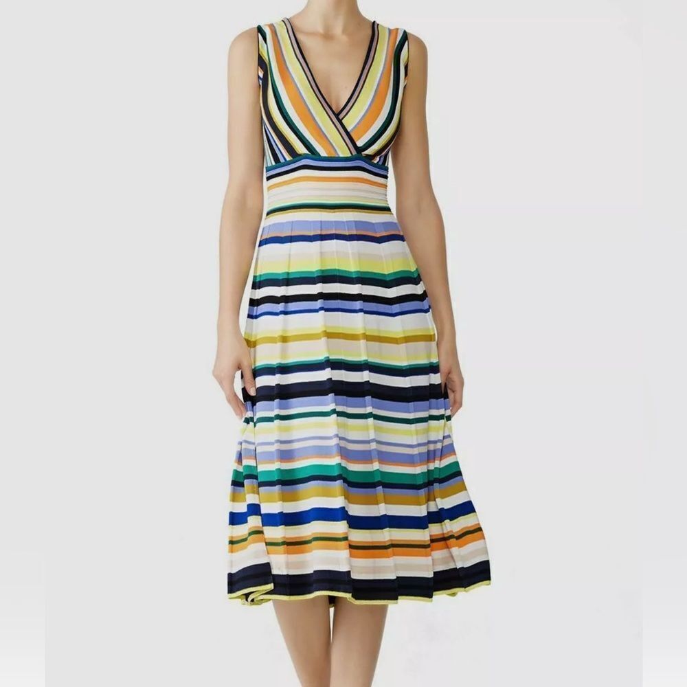 Milly Striped V-Neck Fit & Flare Tank Midi Dress